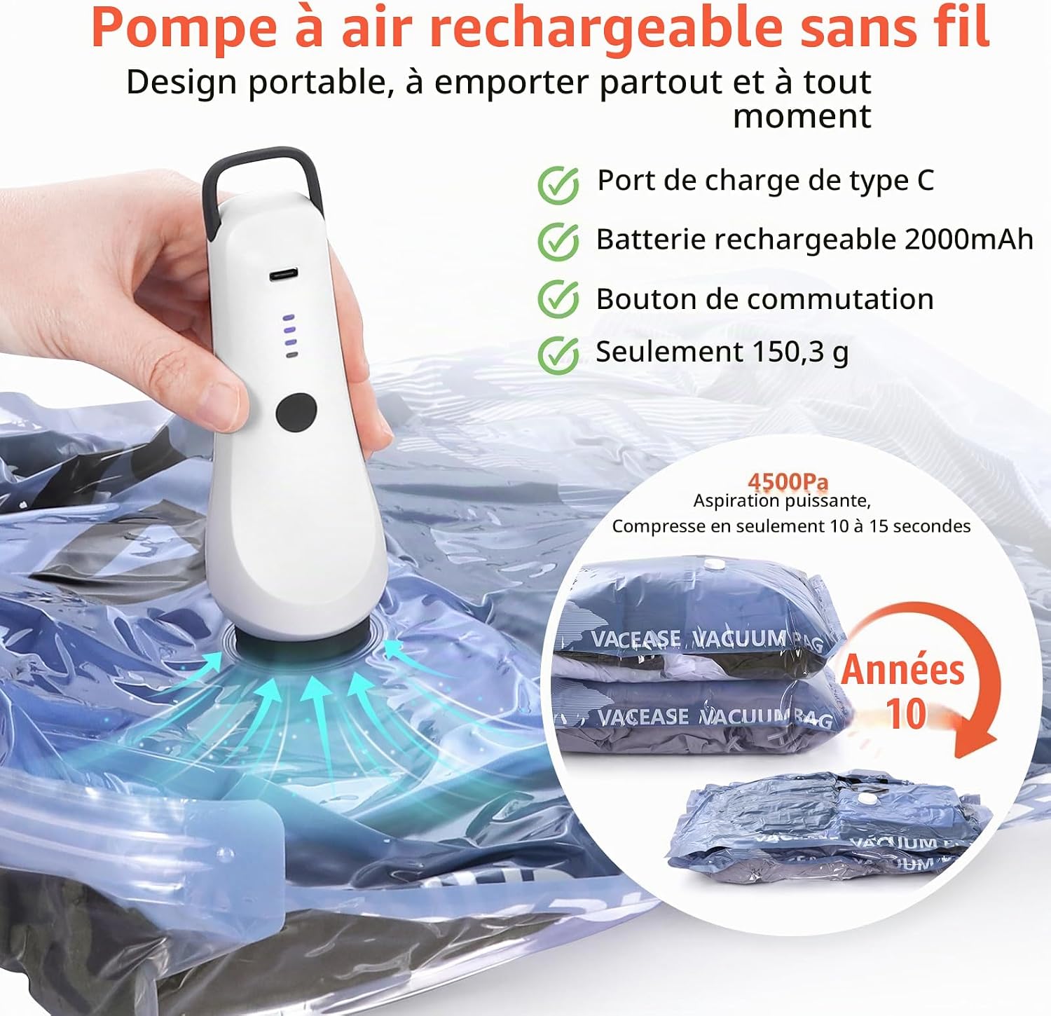 Detalle de Fuloon TY-Z2 reisvacuümzakken met elektrische pomp, 10 stuks en 2 handtassen