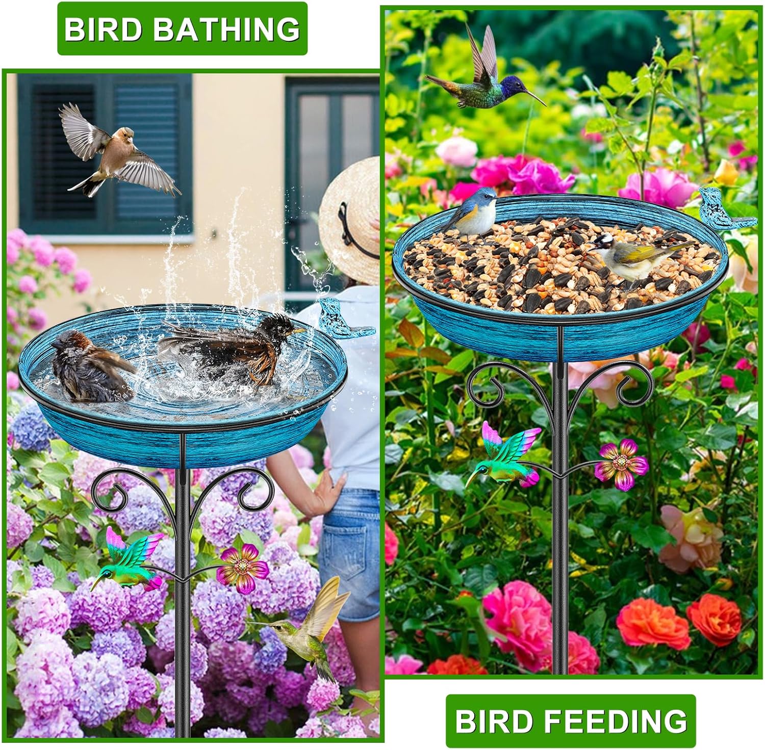 Detalle de VeyFolzin.st Vintage Metal Bird Bath — Freestanding Garden Bowl in Vintage Blue