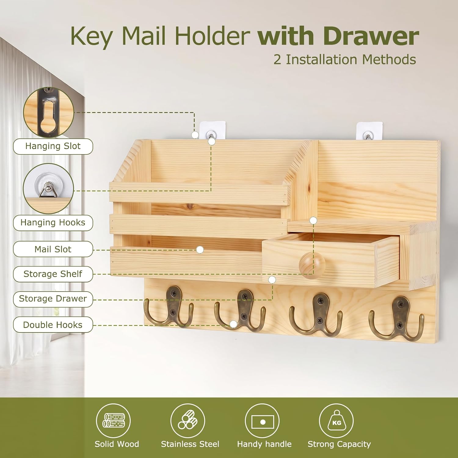 Detalle de HOMEBROS RS-CTGGNR-US Wall-Mounted Key and Mail Organizer, 8 Hooks