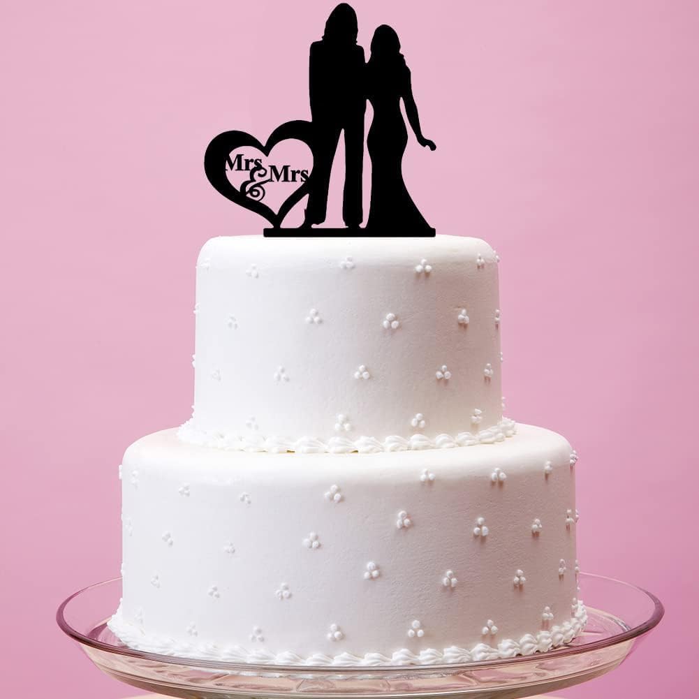 Detalle de Mrs & Mrs Cake Topper: Black Acrylic Lesbian Wedding Cake Deco (7.0 × 10.2 in)