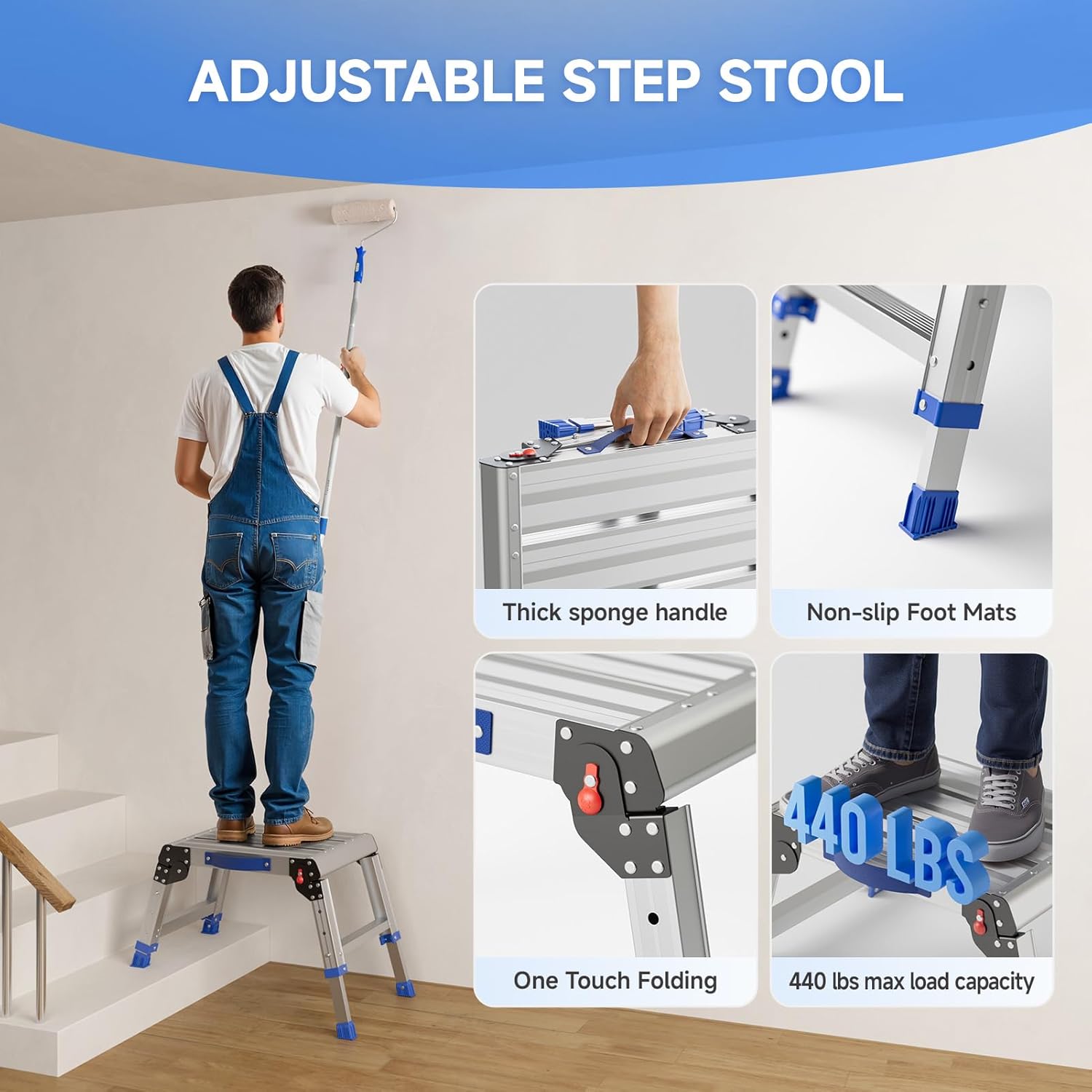 Detalle de Loyoda LSS002 Folding Step Stool, Adjustable Aluminum Platform, 440 lb Capacity