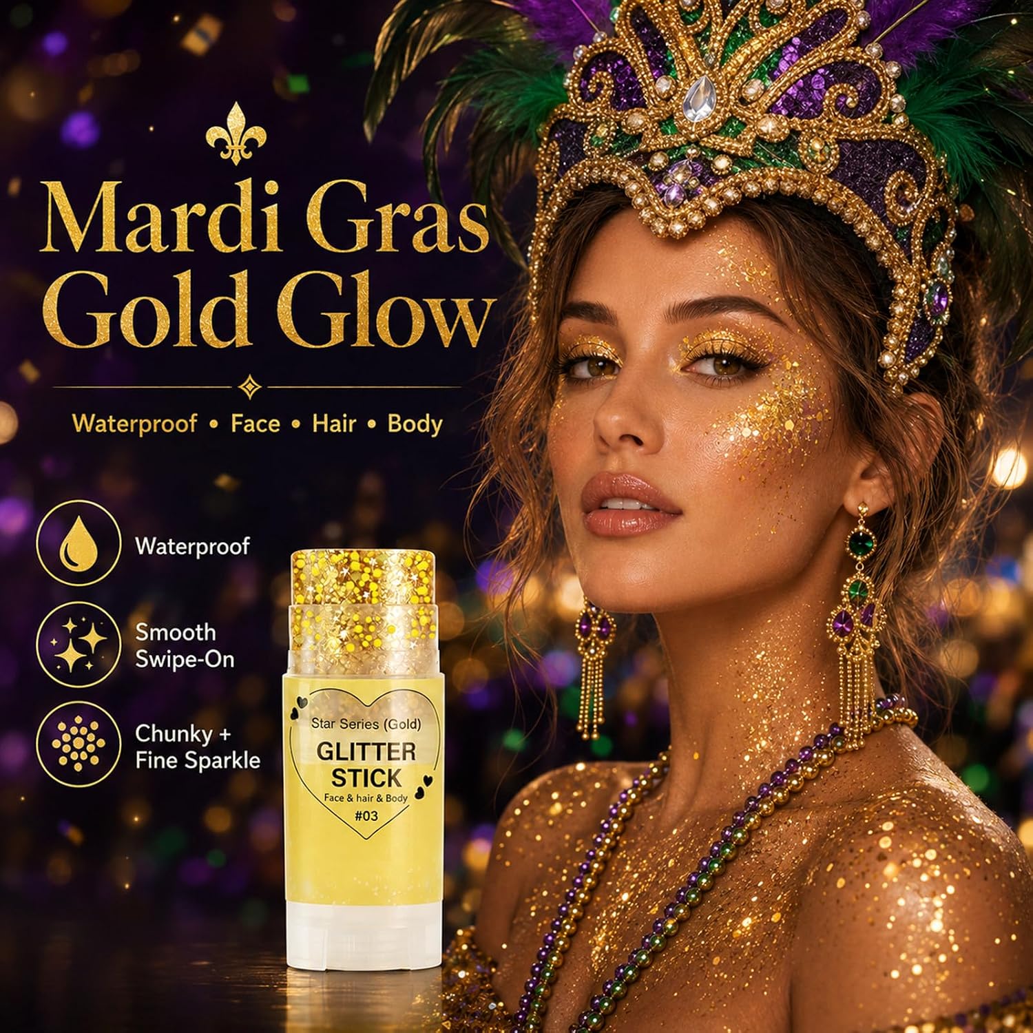 Detalle 1 de Go Ho WLG-346-03-US Gold Glitter Stick for Hair, Face and Body