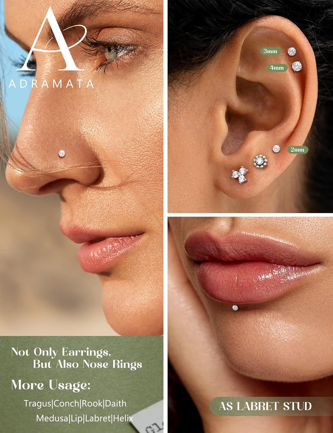 Thumbnail 2 de ADRAMATA Helix/Tragus & Labret Piercing Jewellery Set 16G/18G (6/8/10mm)