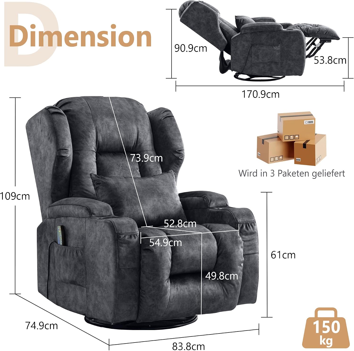 Detalle de SITURAY 2-Motorer Elektrischer Verstellbarer Relaxsessel mit Liegefunktion, Drehbarer TV-Sessel mit Massage + Wärme – Samt Grau