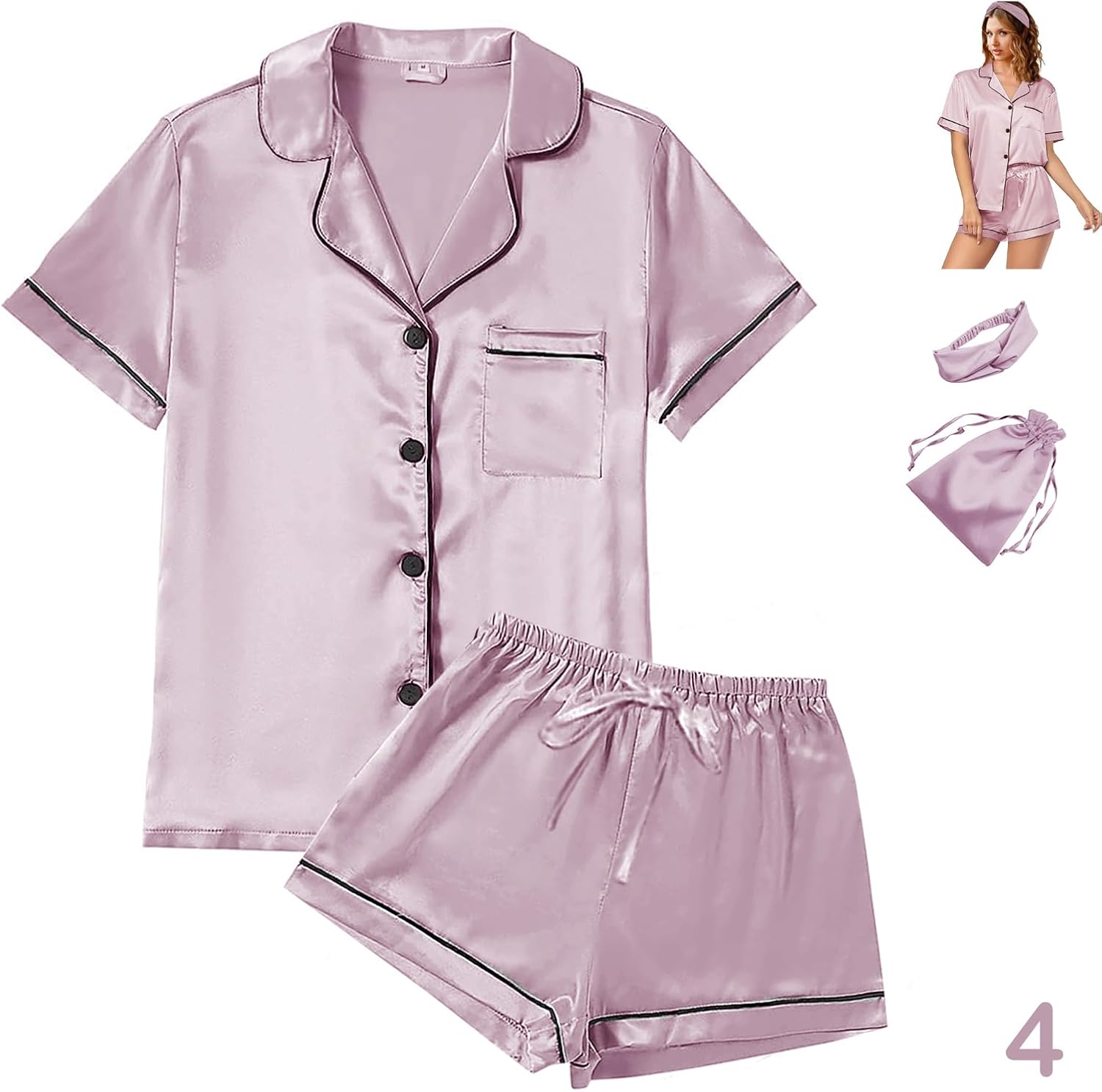 Thumbnail 3 de WJing Yi Jia 4Pcs Women's Satin Silky Pajama Set with Floral Pattern