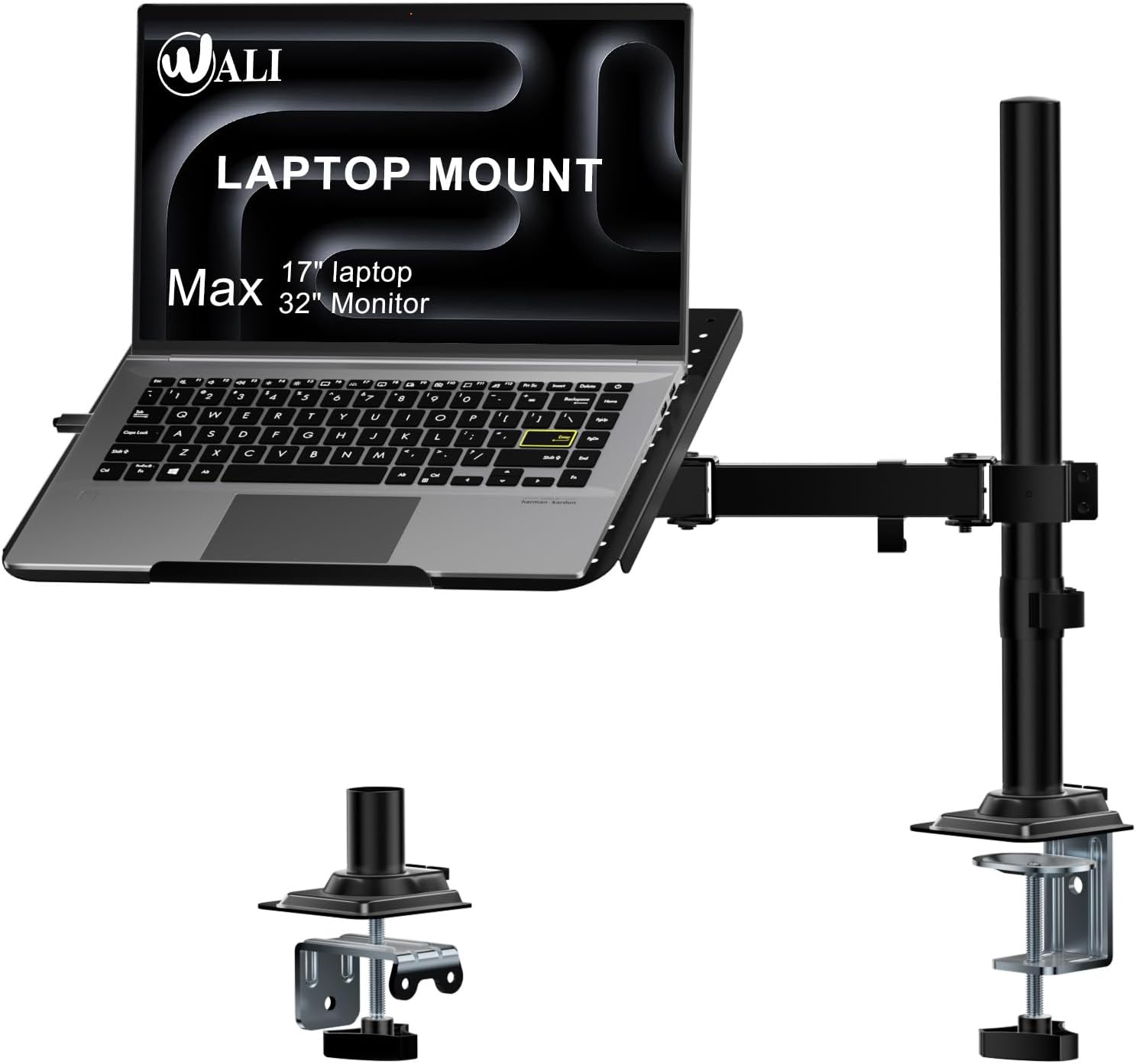 Detalle de WALI M00LP fully adjustable laptop desk mount with vented tray (up to 17 inch, up to 10 kg)