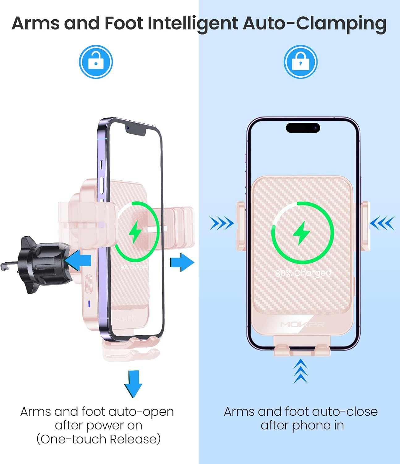 Detalle de Handyhalterung Auto mit Ladefunktion (15W) – MOKPR Induktives Qi-Laden inklusive Kfz-Ladegerät, 360°-Halter (Rosa)