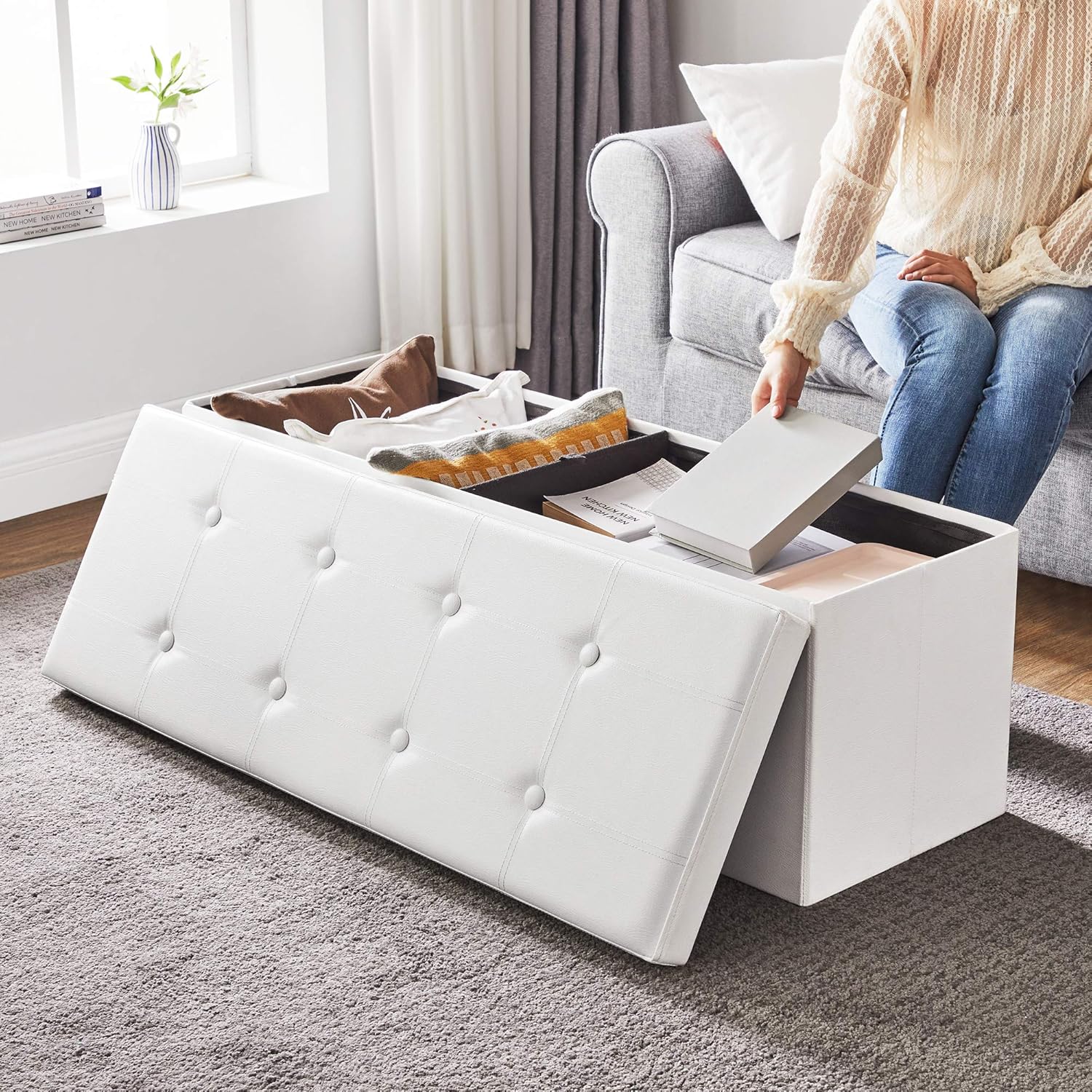 Detalle 2 de SONGMICS LSF702 Cassapanca contenitore 120 L, pouf imbottito bianco