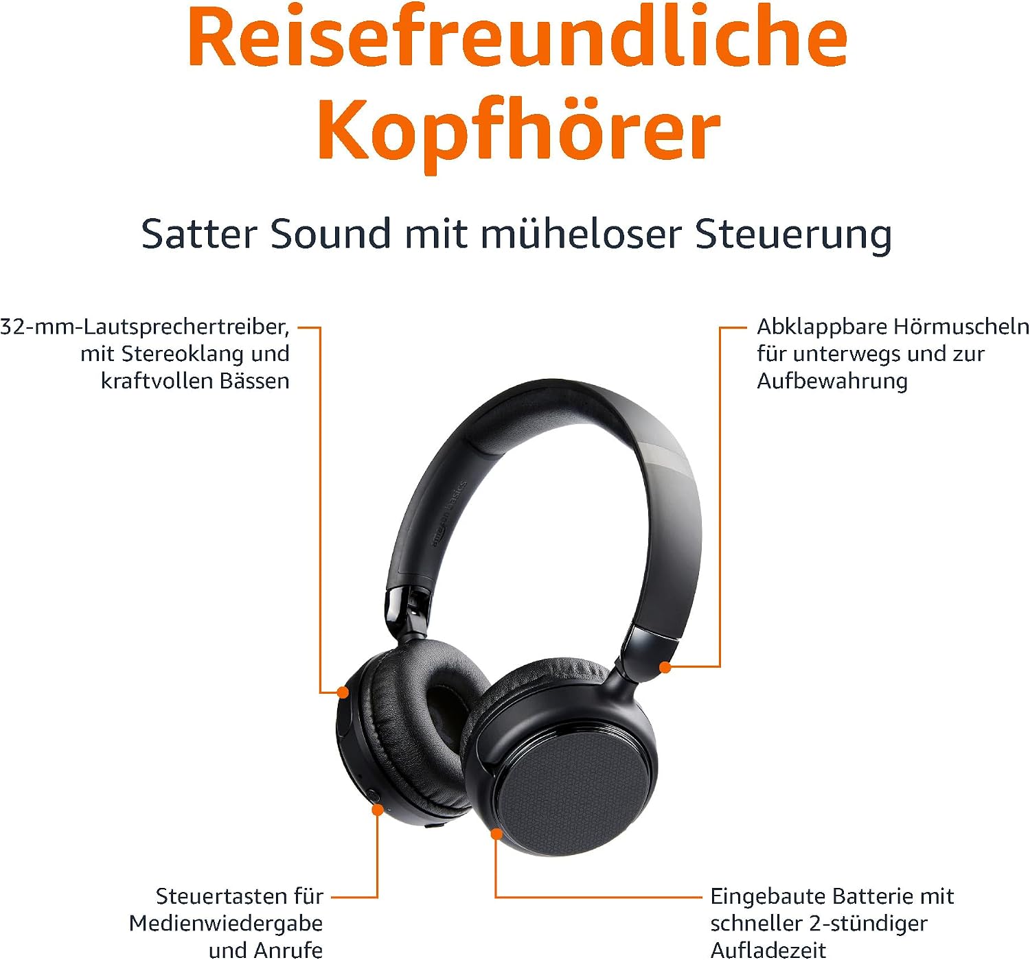 Detalle de Amazon Basics kabellose Bluetooth 5.1 Over-Ear-Kopfhörer – 35 Stunden Spielzeit, schwarz