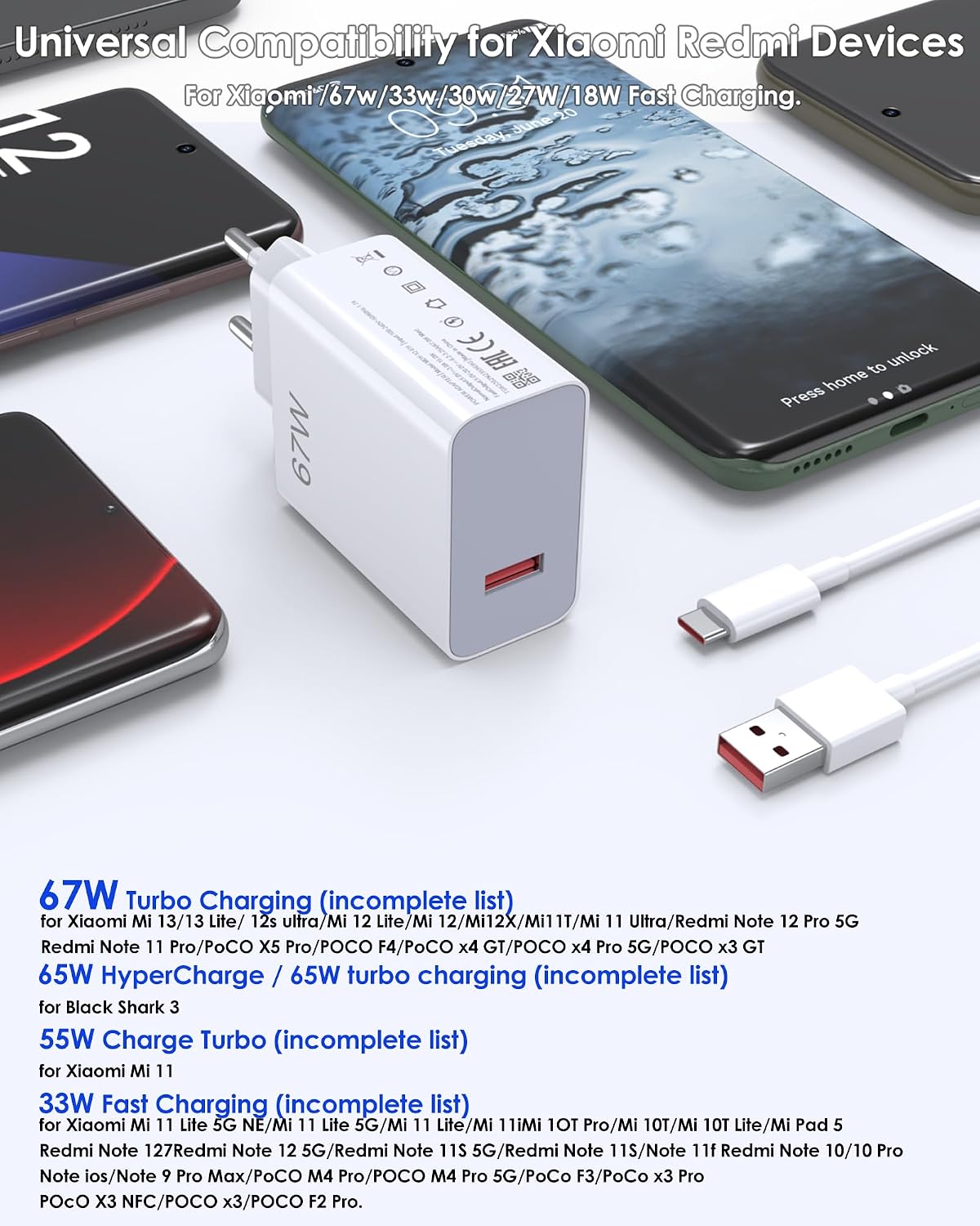 Thumbnail 5 de 67W USB-C Schnellladegerät mit Kabel (1 m) für Xiaomi/Redmi/Poco – Kompakter Kraftspender