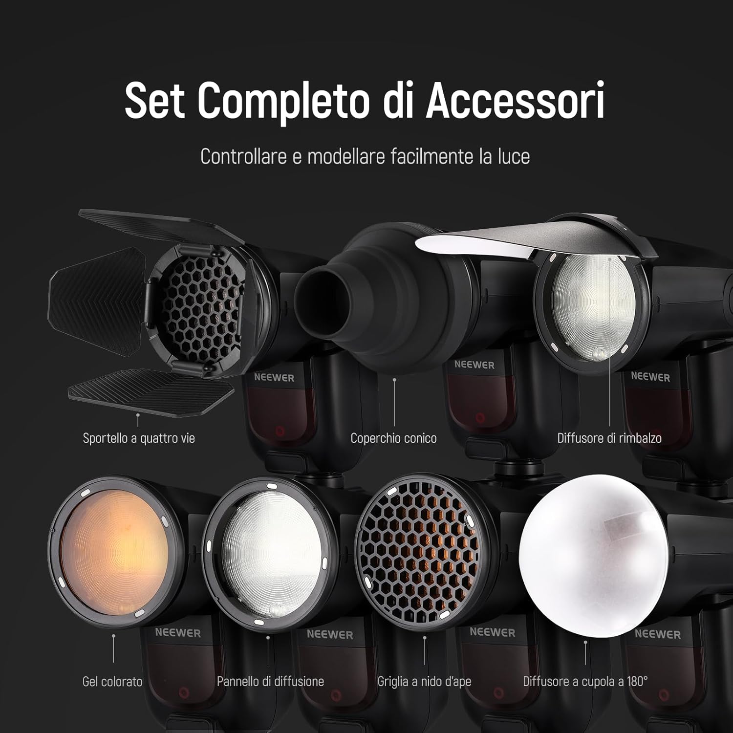 Thumbnail 1 de NEEWER CRM2 Kit accessori magnetici per flash a testa rotonda (compatibile con Godox V1) con adattatori e diffusori