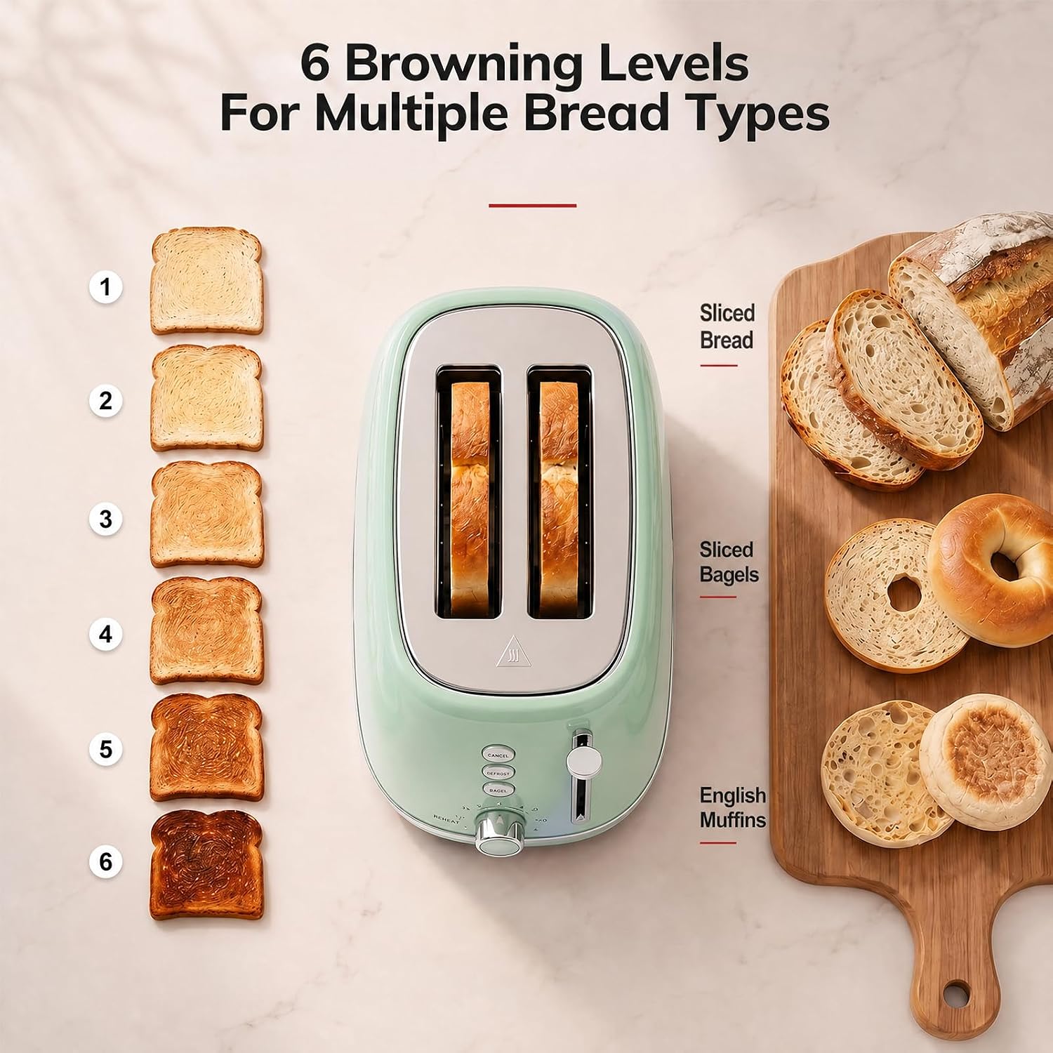 Detalle de Keenstone 2-Slice Toaster, Green, with Wide Slots and 6 Shade Settings