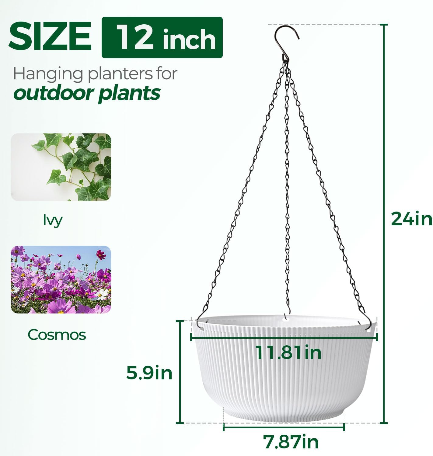 Detalle 2 de T4U set da 2 vasi sospesi da parete da 30 cm (12 pollici) bianchi con foro di drenaggio