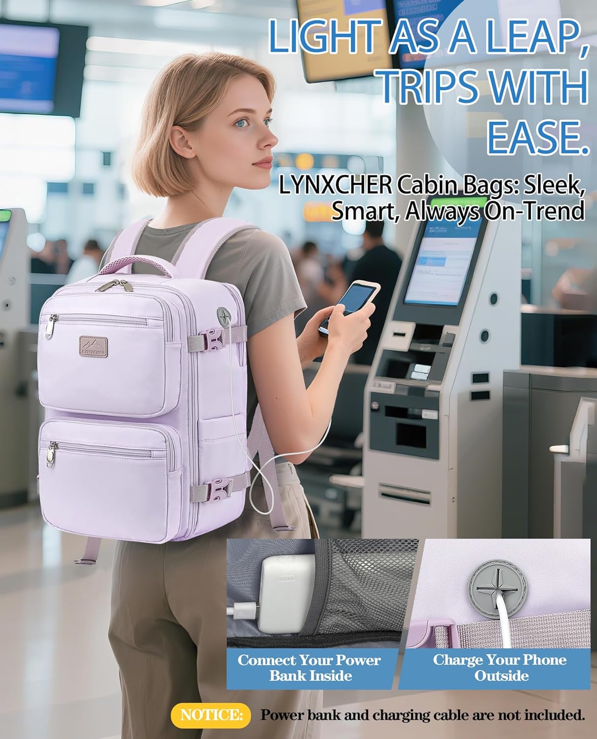 Thumbnail 5 de LYNXCHER Ryanair Cabin Bags 40x20x25 Travel Backpack (20L) - Light Purple, S
