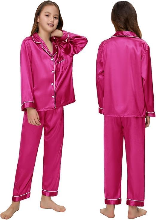 Detalle de ALHAVONE Kids Satin Pajama Set, Long-Sleeve Button-Down Top, Sizes 5–12 Years