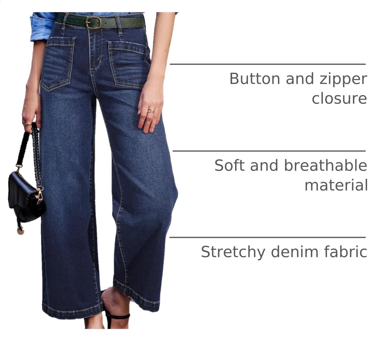 Detalle 2 de Sidefeel Wide-Leg Jeans for Women, High-Waisted Stretch Denim with Ankle Length