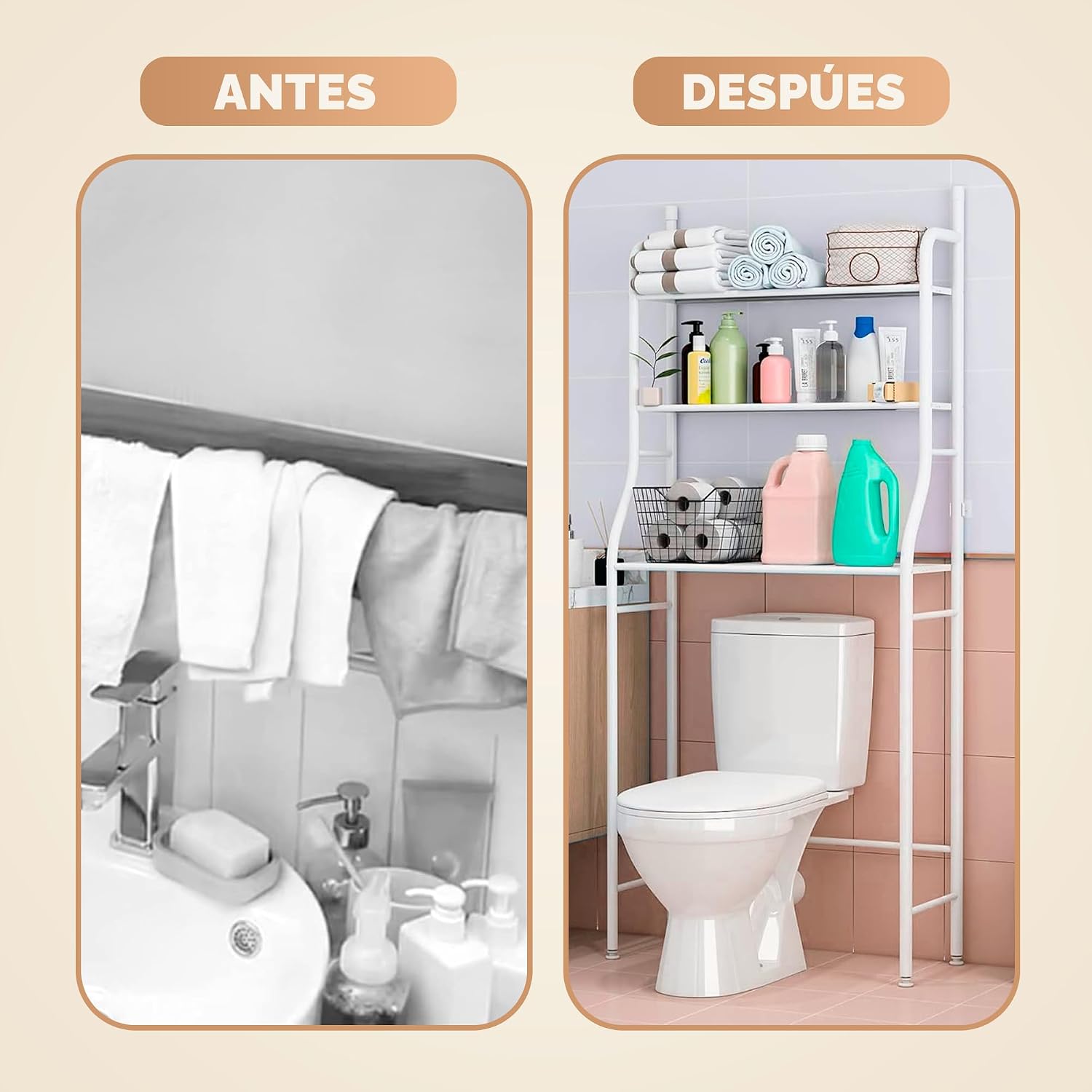Detalle de JUPPLIES Estantería Baño sobre Inodoro (47×26×153 cm) – Mueble auxiliar de 3 niveles en metal blanco