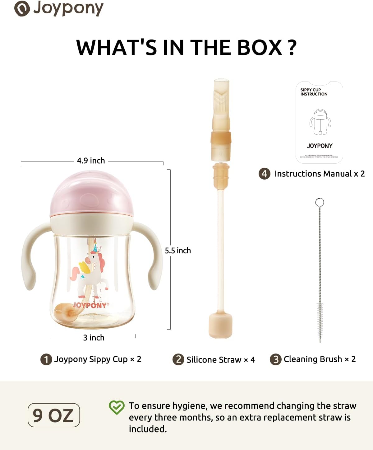 Detalle de Joypony BB-FD-CP Toddler Sippy Straw Cups, 9 oz Pink 2-Pack, PPSU