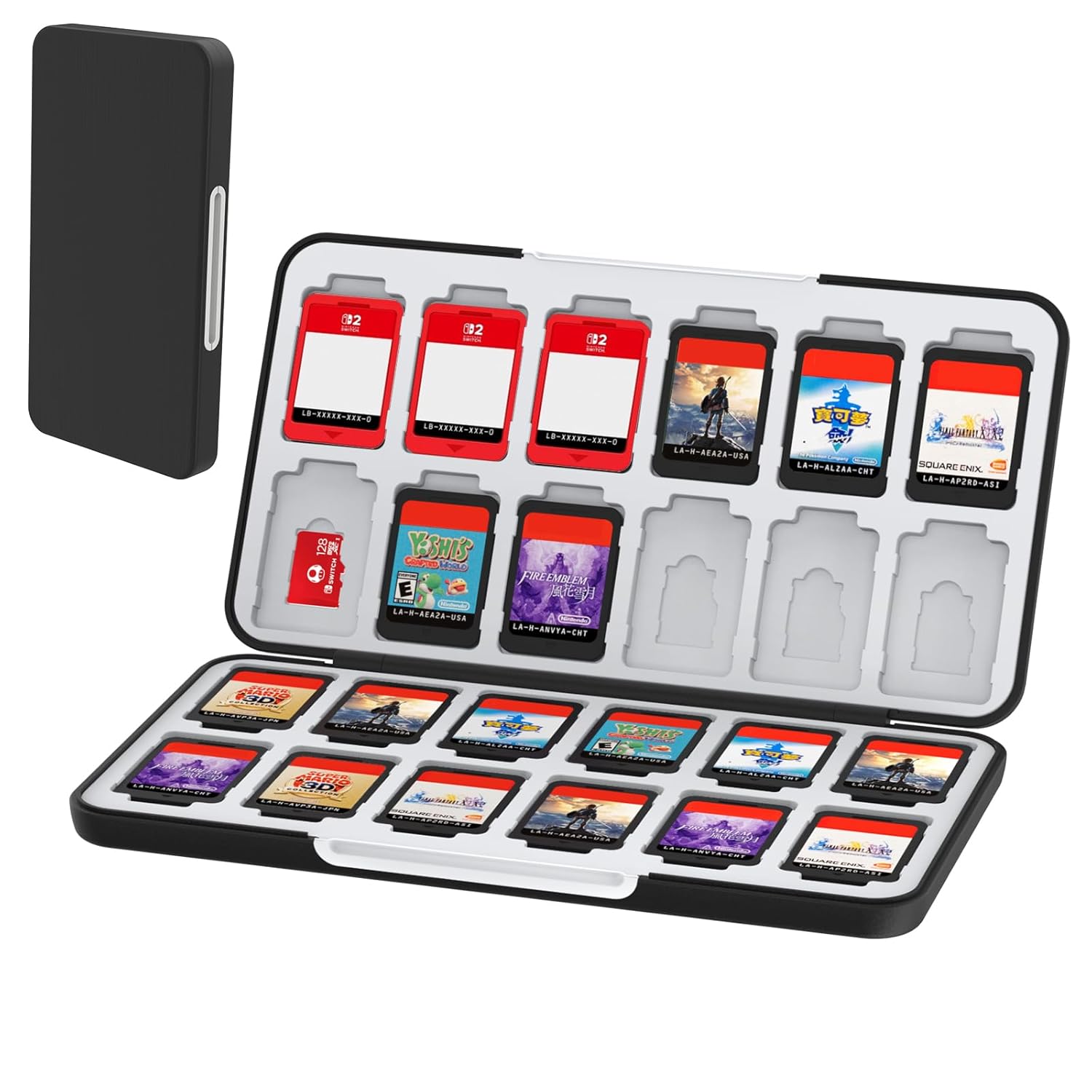 Detalle de HEIYING Game Card Aufbewahrungsbox für Switch 2, OLED und Lite – 24 Spielkarten & 24 Micro-SD Slots, Schwarz