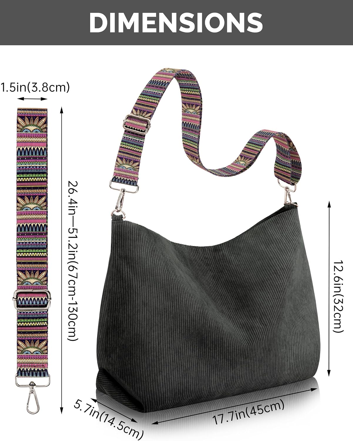 Thumbnail 3 de Prite Corduroy Tote Bag for Women with Zipper – Large Capacity Shoulder Bag with Adjustable Strap