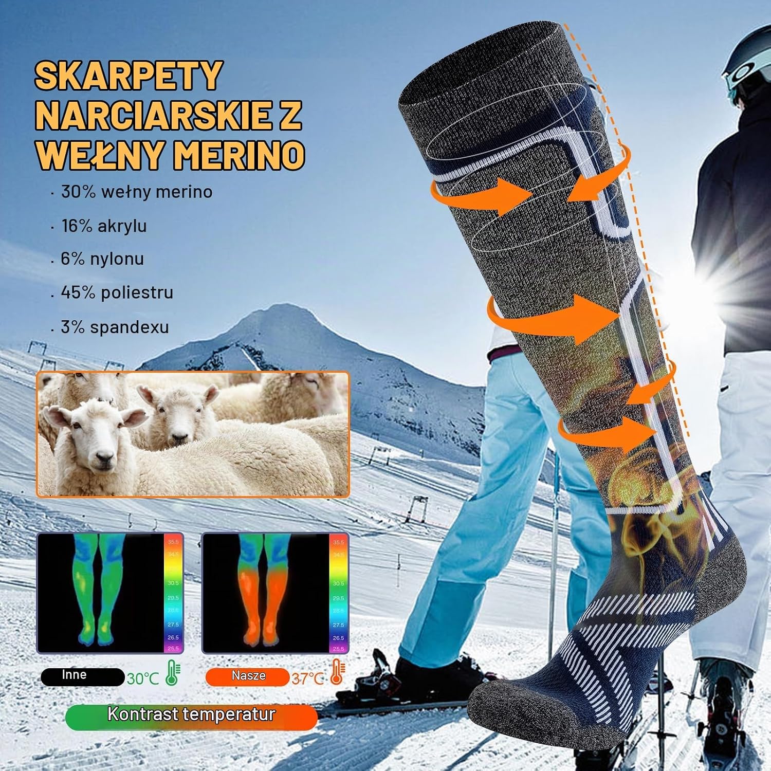 Detalle 1 de Cirorld SKI-WM skarpety narciarskie Merino, 2 pary, 30% wełny