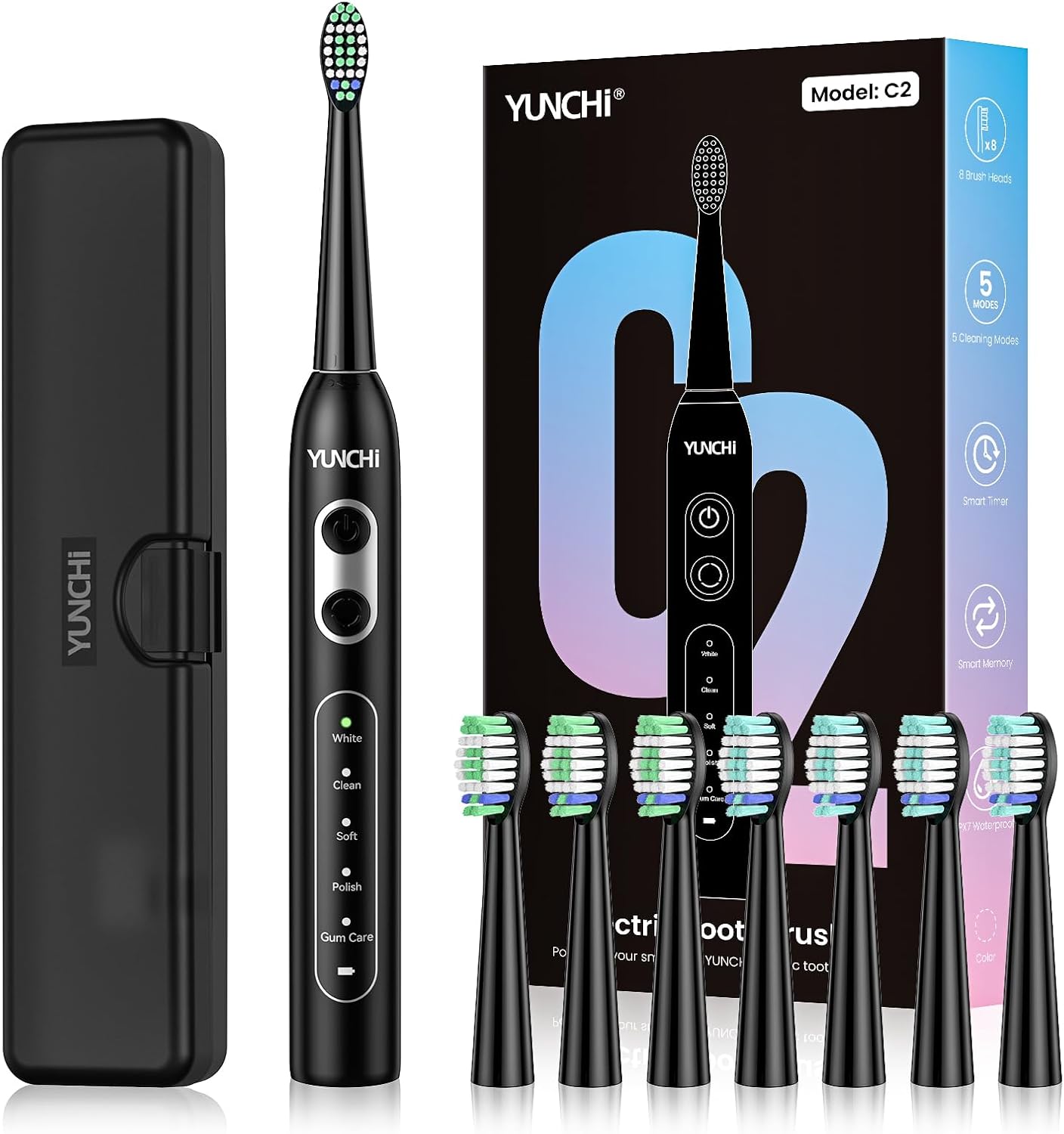 Detalle de YUNCHI C2 Electric Toothbrush (USB-C rechargeable) for adults and kids, 5 modes, 2-minute timer, 8 brush heads, travel case