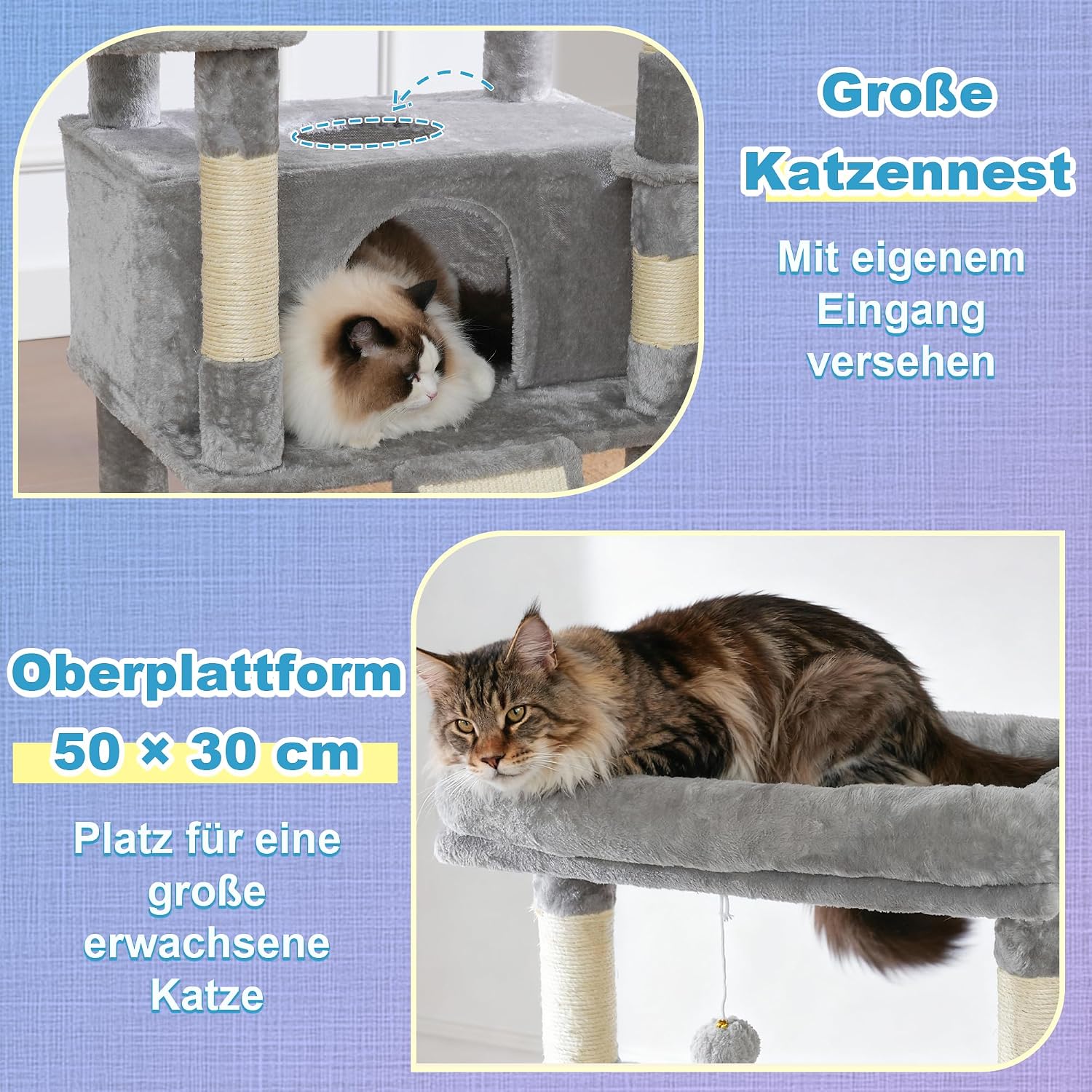 Detalle de Hey-brother Kratzbaum EMJ080W, 182 cm hoch für Großkatzen – mit 2 Liegeflächen, 3 Hängematten & Kratzbrettern