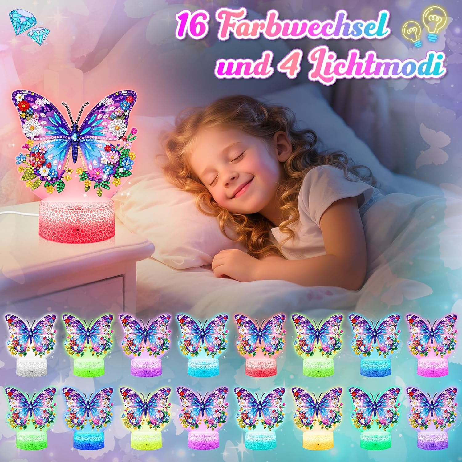 Detalle de Osikay Diamond Painting Geschenk für Mädchen – Schmetterling mit Nachtlicht (ab 6 Jahren)
