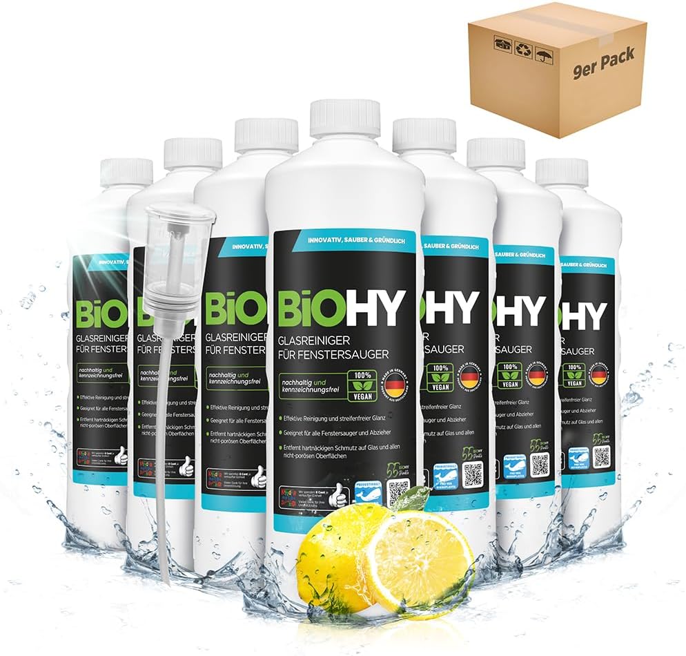 Detalle de BIOHY Raamzuigerreiniger, geconcentreerde glasreiniger, 9 x 1 l met doseerder
