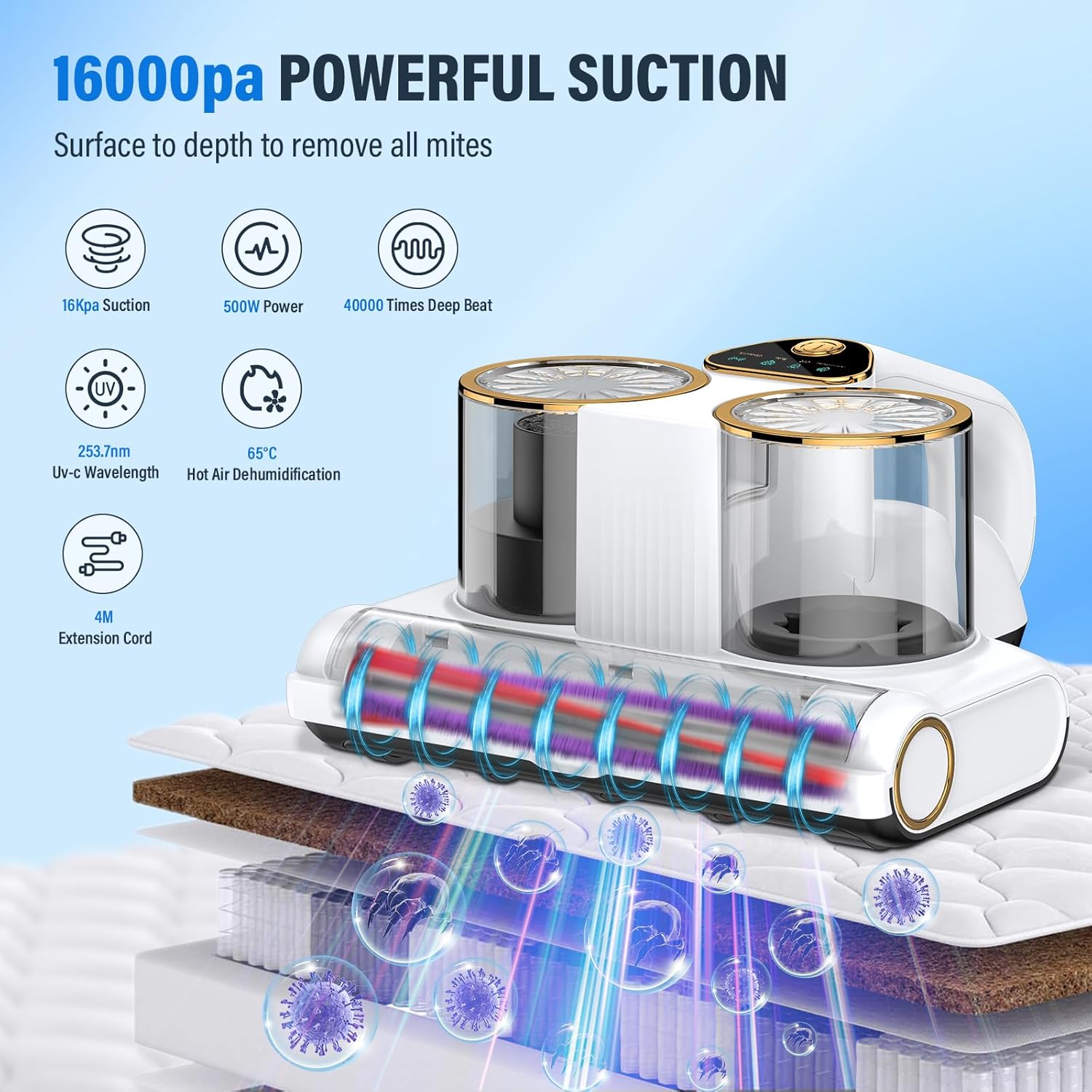 Detalle de RWSRW Battimaterasso: Aspiratore per Materassi con Luce UV, 500W, 16 kPa e Funzioni Avanzate
