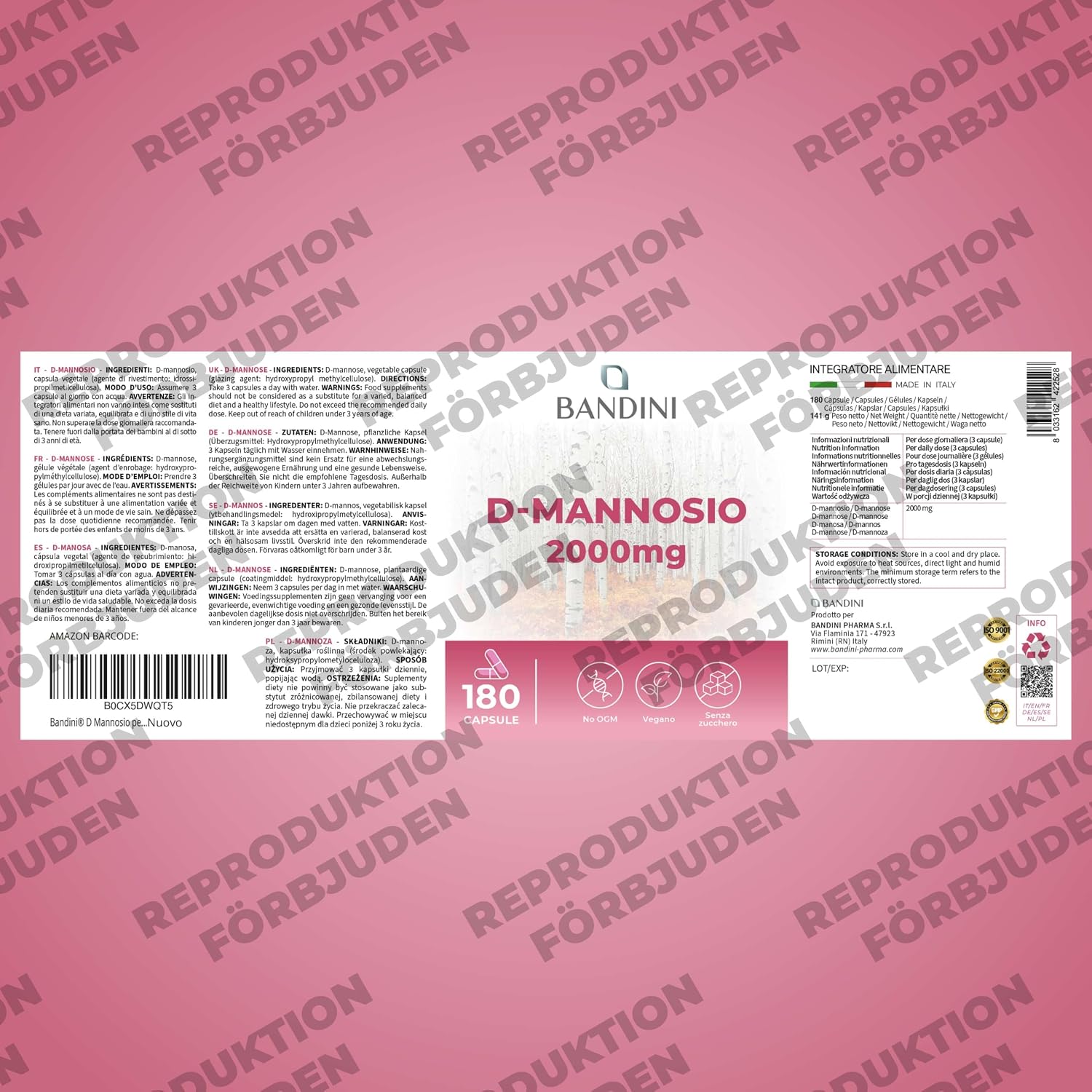 Detalle de BANDINI D Mannose – 180 kapslar med 2 000 mg per dagsdos, veganska