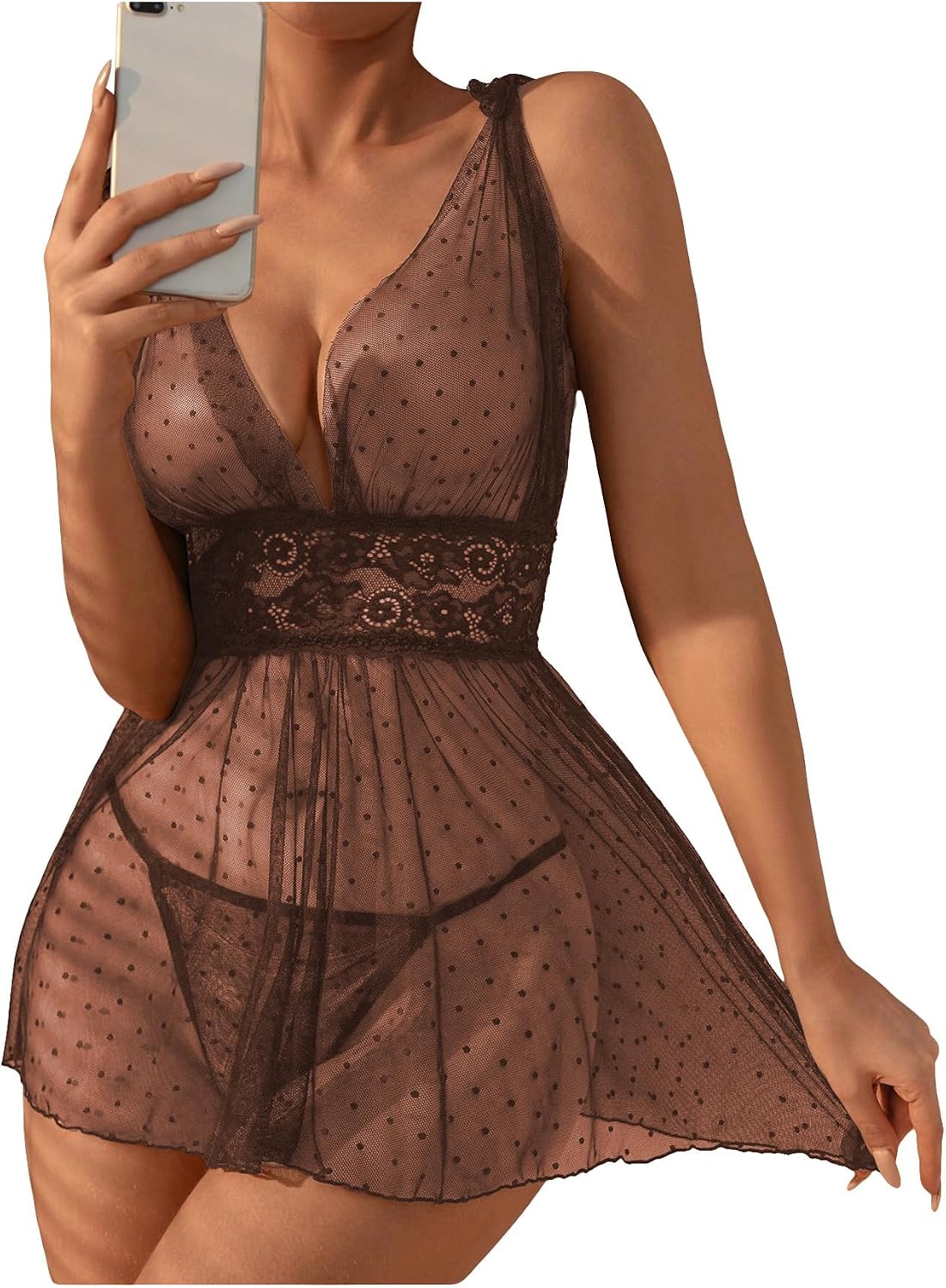Detalle de Awinclo Women's 2 Piece Polka Dots Lace Sheer Mesh V Neck Babydoll Teddy Set
