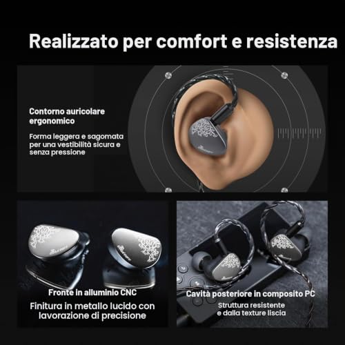Detalle de Linsoul Kiwi Ears Cadenza II: IEM dinamico da 10 mm con KARS 2.0 e corpo in alluminio CNC