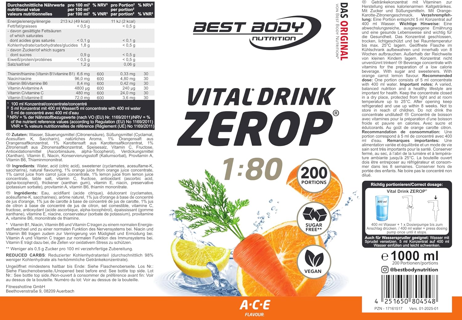 Thumbnail 4 de Best Body Nutrition Vital Drink ZEROP A‑C‑E 1000 ml 🍹