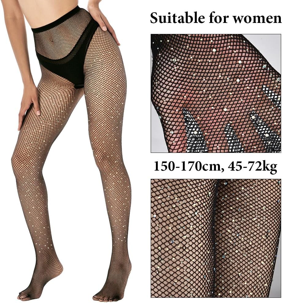 Detalle 2 de Aomig damesvisnetpanty met gekleurde strass, hoge taille, acryl, 2-pack