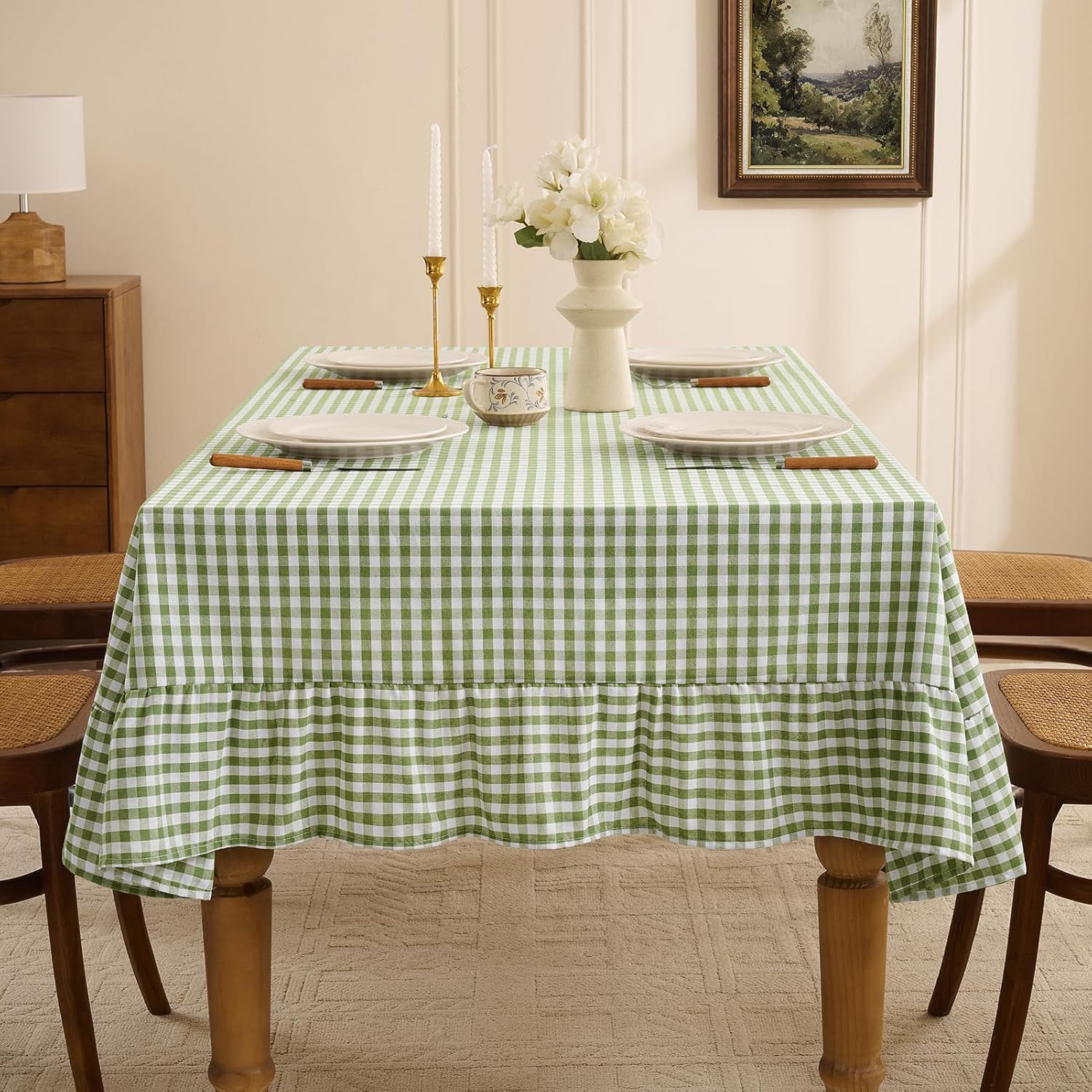 Detalle 2 de Romanstile Gingham Ruffled Tablecloth Rectangle - Sage Green, Waterproof Linen Cotton Checkered, 60 x 84 Inch