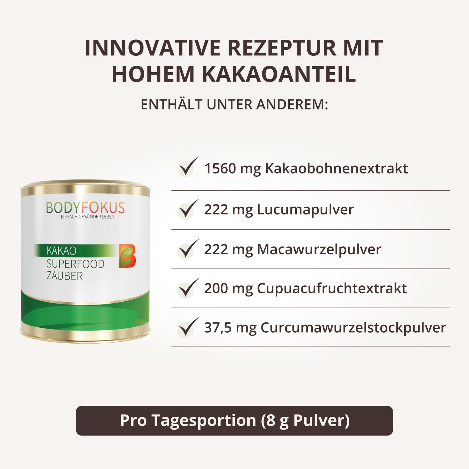 Detalle 2 de BodyFokus Kakao Superfood Zauber – Hochprozentiger Kakao trifft Gewürze und Pflanzenstoffe