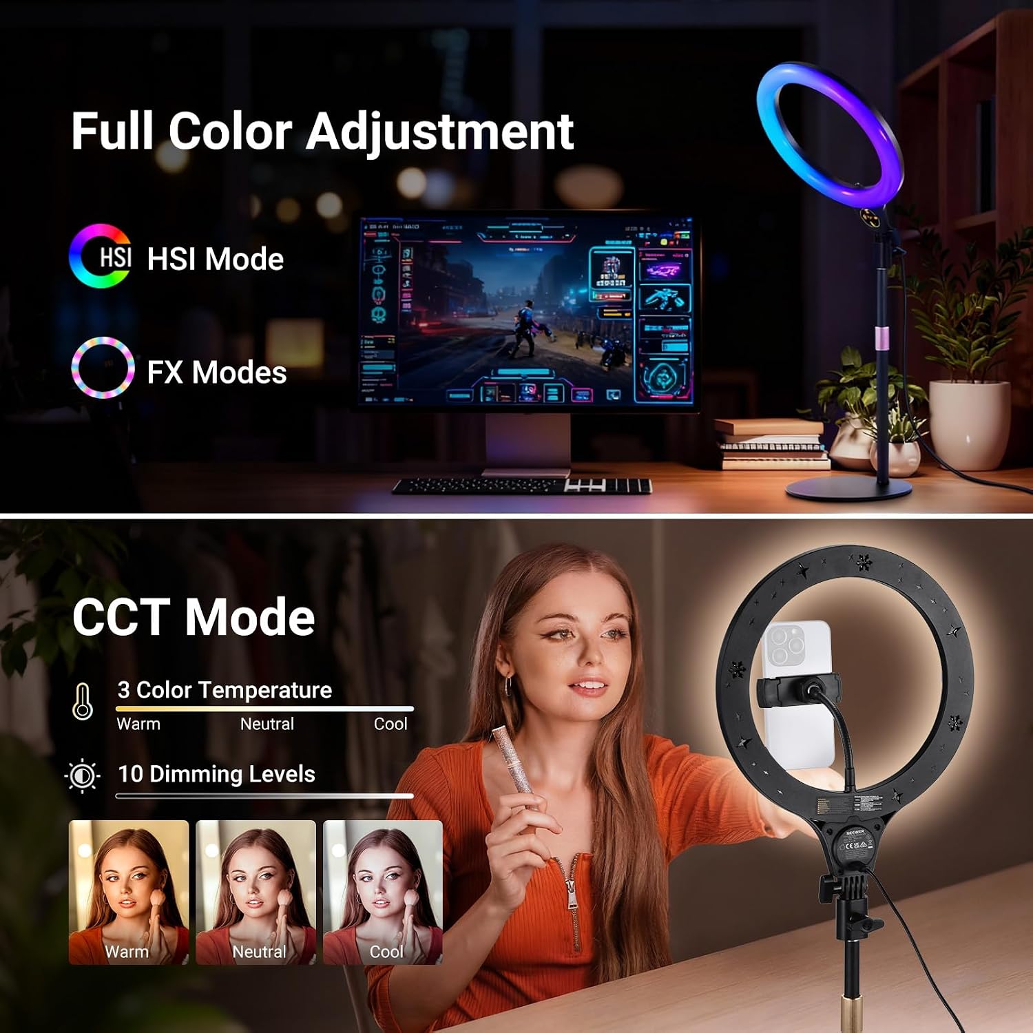 Detalle de NEEWER Entry Level Version N37 10.5" RGB Ring Light with Desk Mount and Phone Holder