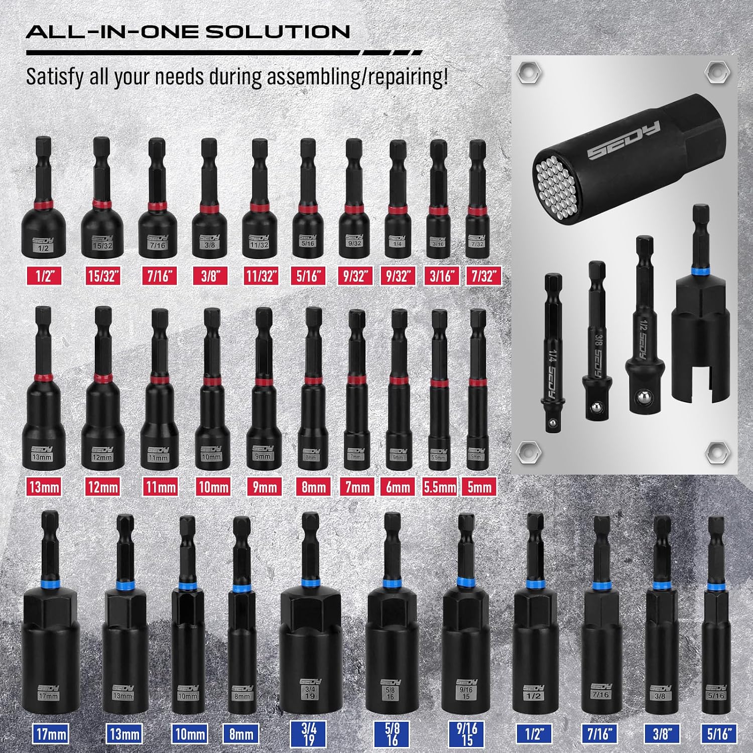 Detalle 2 de SEDY 84099 80-Piece Magnetic Impact Nut Driver Set, Metric & SAE