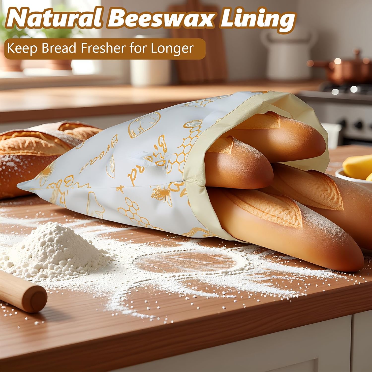 Detalle de Bienenwachs Brotbeutel, 2 Stück – Wiederverwendbare Leinen-Beutel 43×33 cm, Natur Bienenwachs Beschichtung, Orange