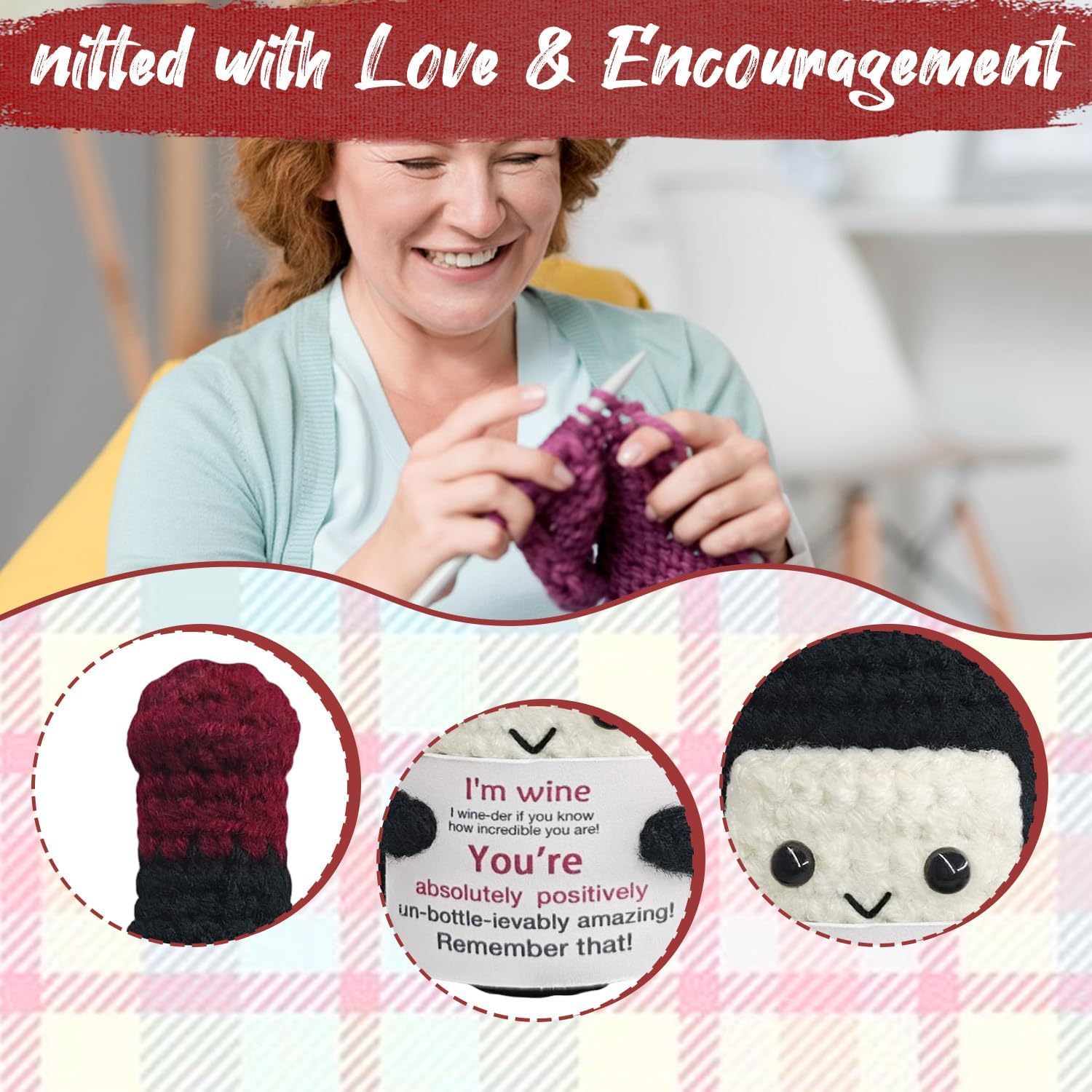 Thumbnail 2 de Laicaii Emotional Support Gift: Funny Crochet Mini Wine Bottle with Positive Card