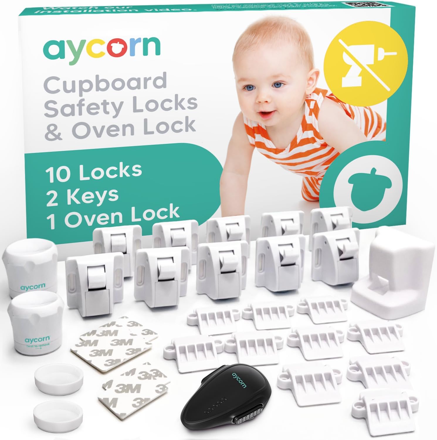 Detalle de AYCORN Magnetic Safety Cupboard Locks (10x) & Oven Lock (1x) with 2 Keys – Child Safety for Kitchen, Cabinets, and Drawers
