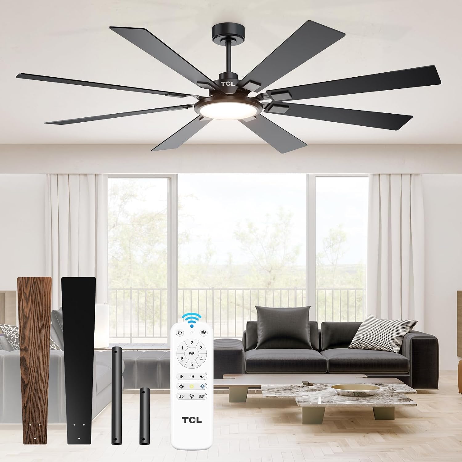 Detalle de TCL 72-Inch Ceiling Fan with Light and Remote — 8 Blades, Quiet DC Motor, Dimmable LED