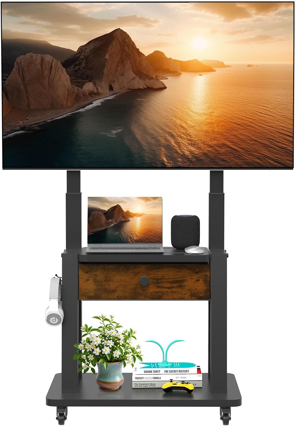 Detalle de Rollbarer TV-Ständer mit Stoffschublade für 32–75 Zoll - höhenverstellbar, rollbar und kompatibel mit VESA bis 600 × 400 mm