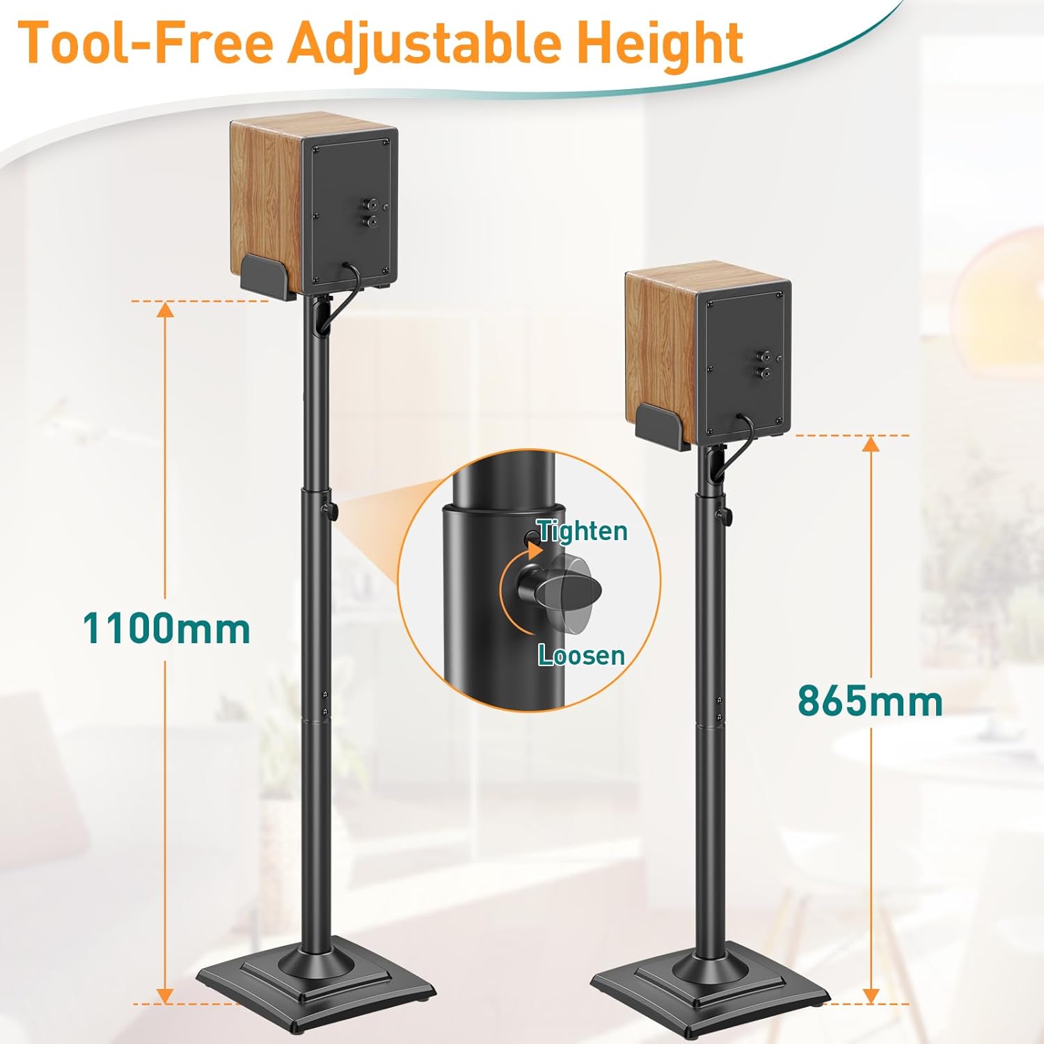 Detalle de ELIVED Adjustable Height Speaker Stands (EV5028) – 865–1100mm, 5kg, with Cable Management