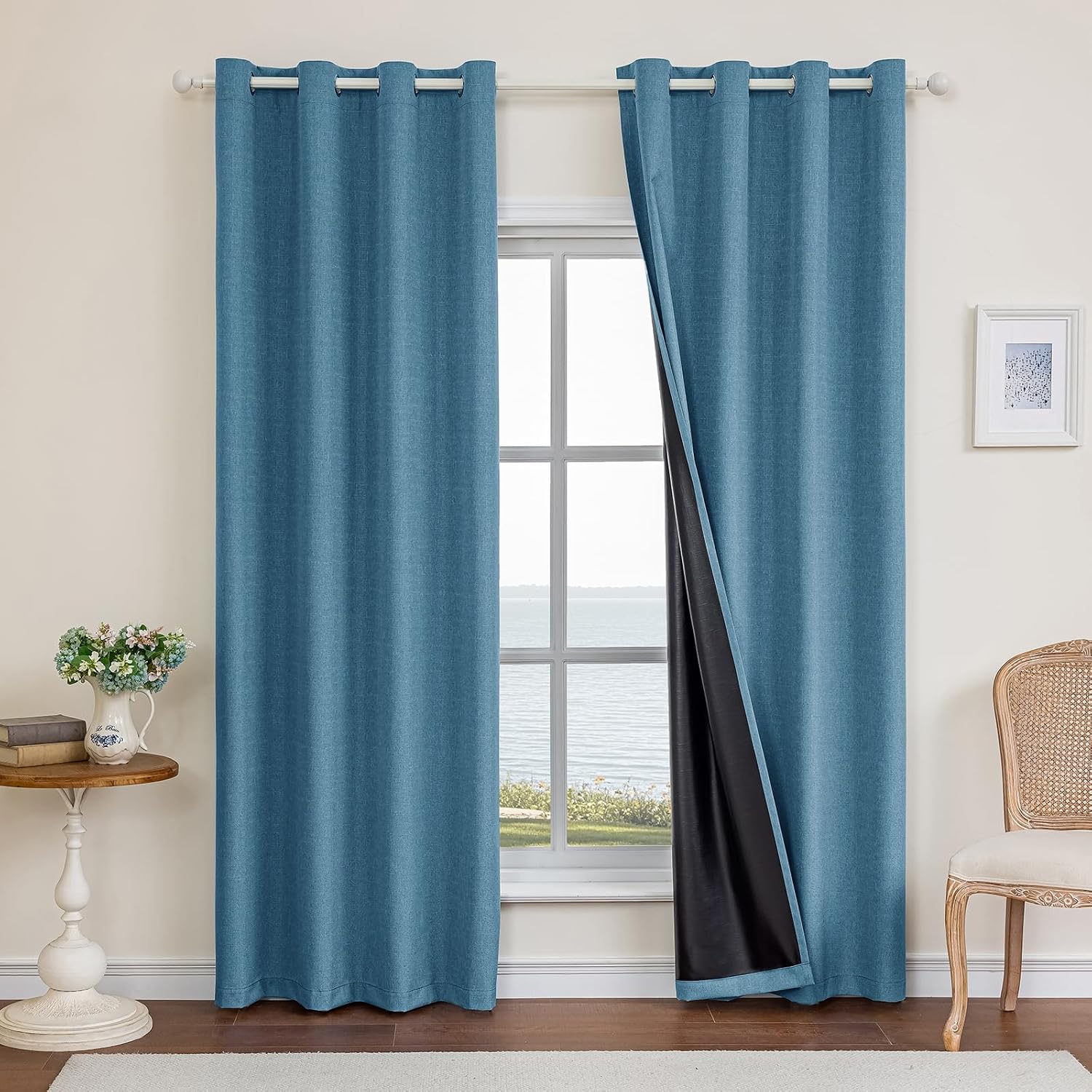 Detalle de Ystyle rideaux occultants 100% Blackout (lot de 2) 140x175 cm effet lin, anti froid, anti chaleur, anti bruit et anti UV – bleu lac