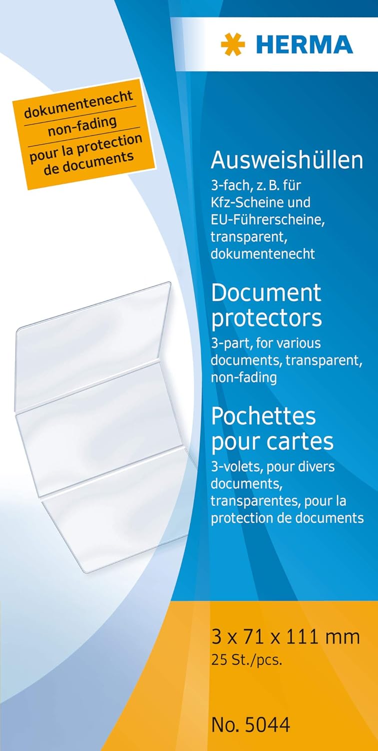Detalle 2 de HERMA 5044 Ausweishülle 3 Karten transparent – 25 Stück, 3-fach, für Kfz-Scheine & EU-Führerscheine
