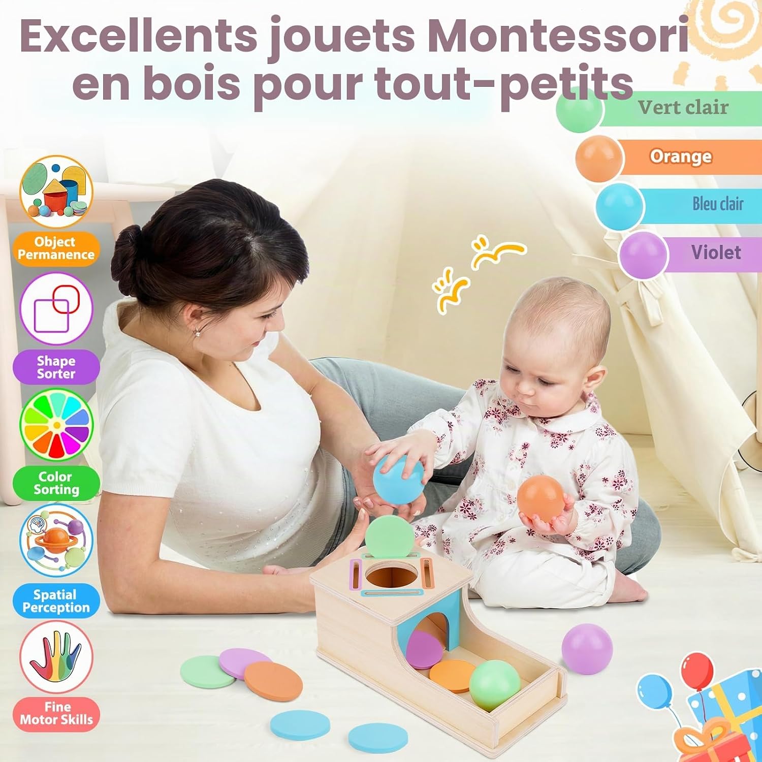 Thumbnail 2 de FCSONU Jouet Montessori pour Bébé 1–3 Ans – Circuit de billes en bois