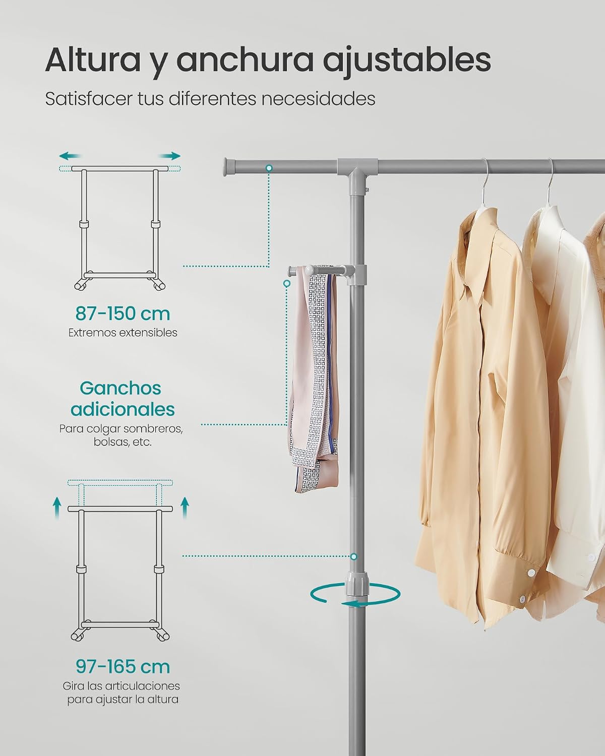 Detalle de SONGMICS Perchero con Ruedas Altura 97-165 cm