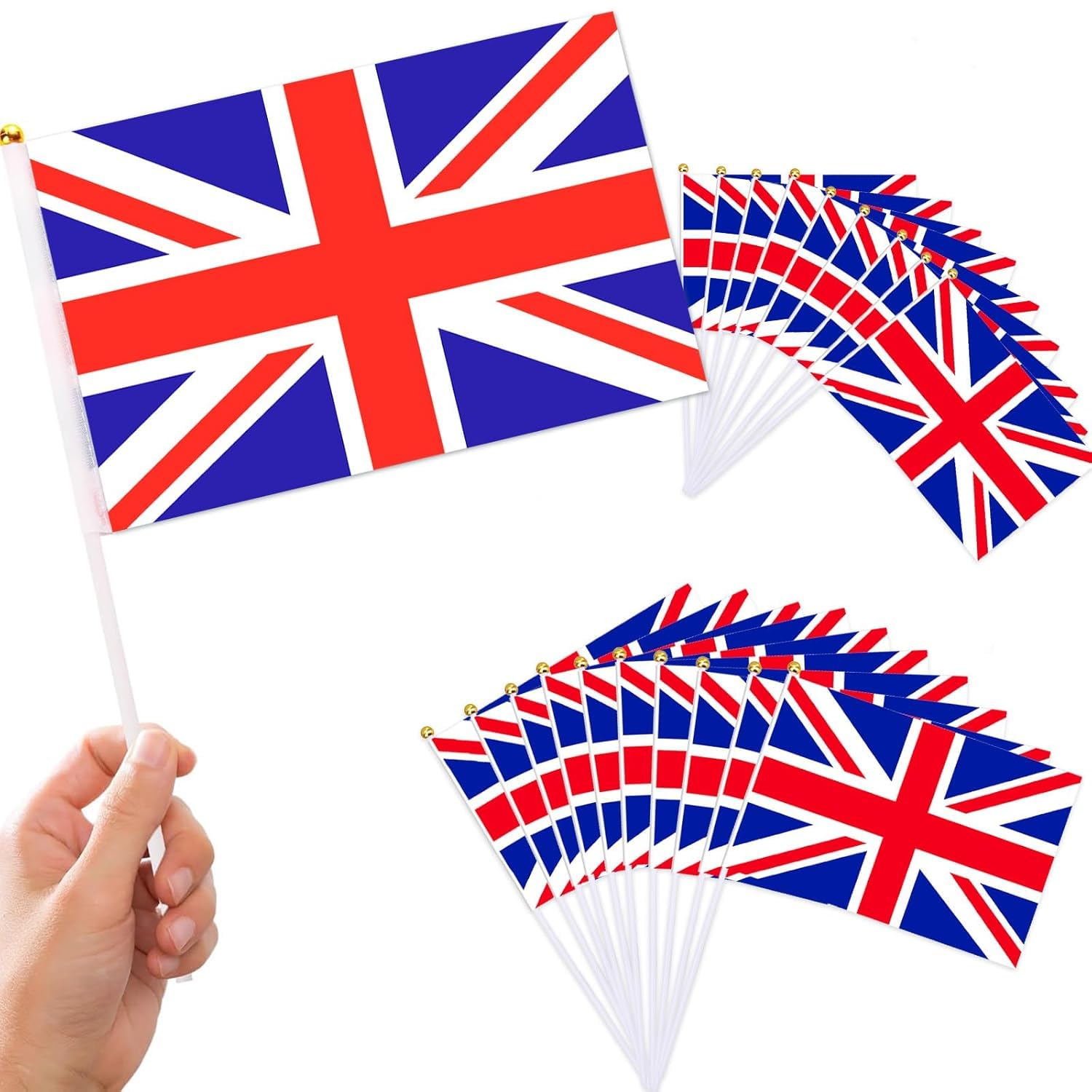 Detalle de ANLAIBO British Union Jack Hand-Held Flags (25 Pack) 14 x 21 cm with 30 cm White Pole